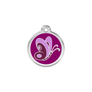Placa para gato pequeña con mariposa violeta en esmalte y acero inoxidable