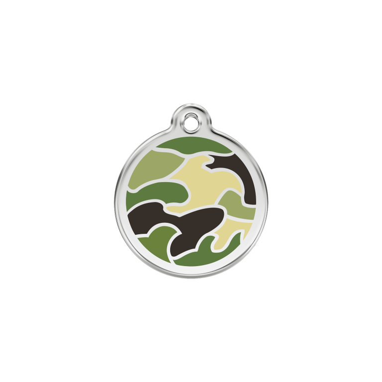 Vue avant - Médaille personnalisée pour chien/chat Red Dingo Émail et acier inoxydable - Camouflage vert - Talla S