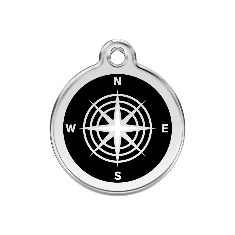 Vue avant - Médaille personnalisée pour chien Red Dingo Émail et acier inoxydable - Motif boussole - Noir - Talla M - 30mm
