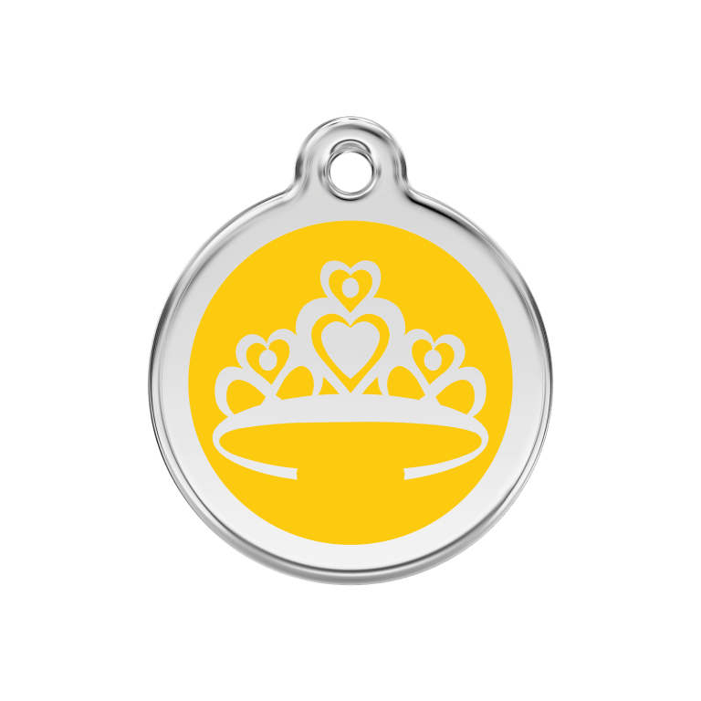 Vue avant - Médaille personnalisée pour chien ou chat - Red Dingo Émail et acier inoxydable - Couronne jaune - Talla M