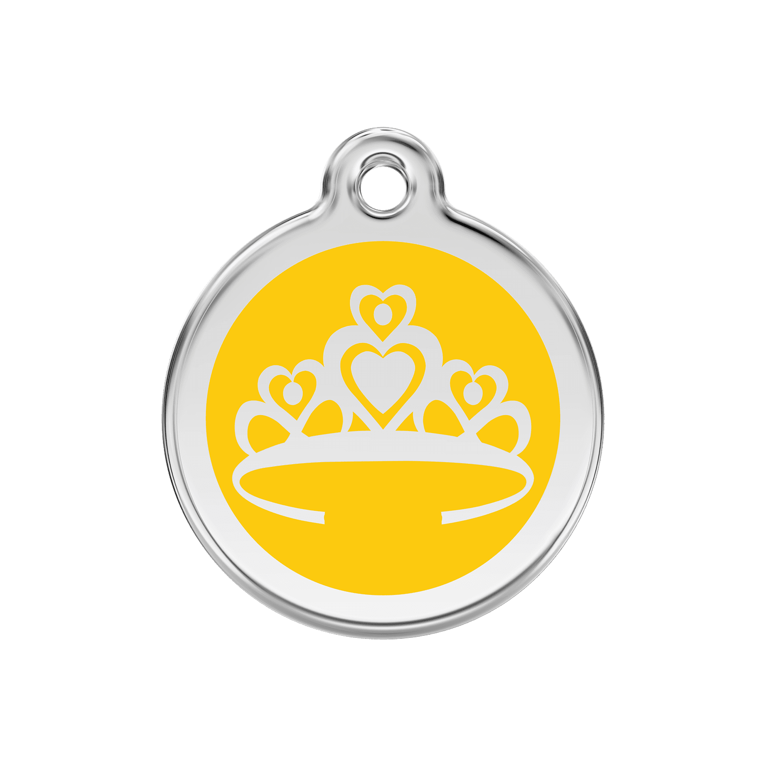 Vue avant - Médaille personnalisée pour chien ou chat - Red Dingo Émail et acier inoxydable - Couronne jaune - Talla M