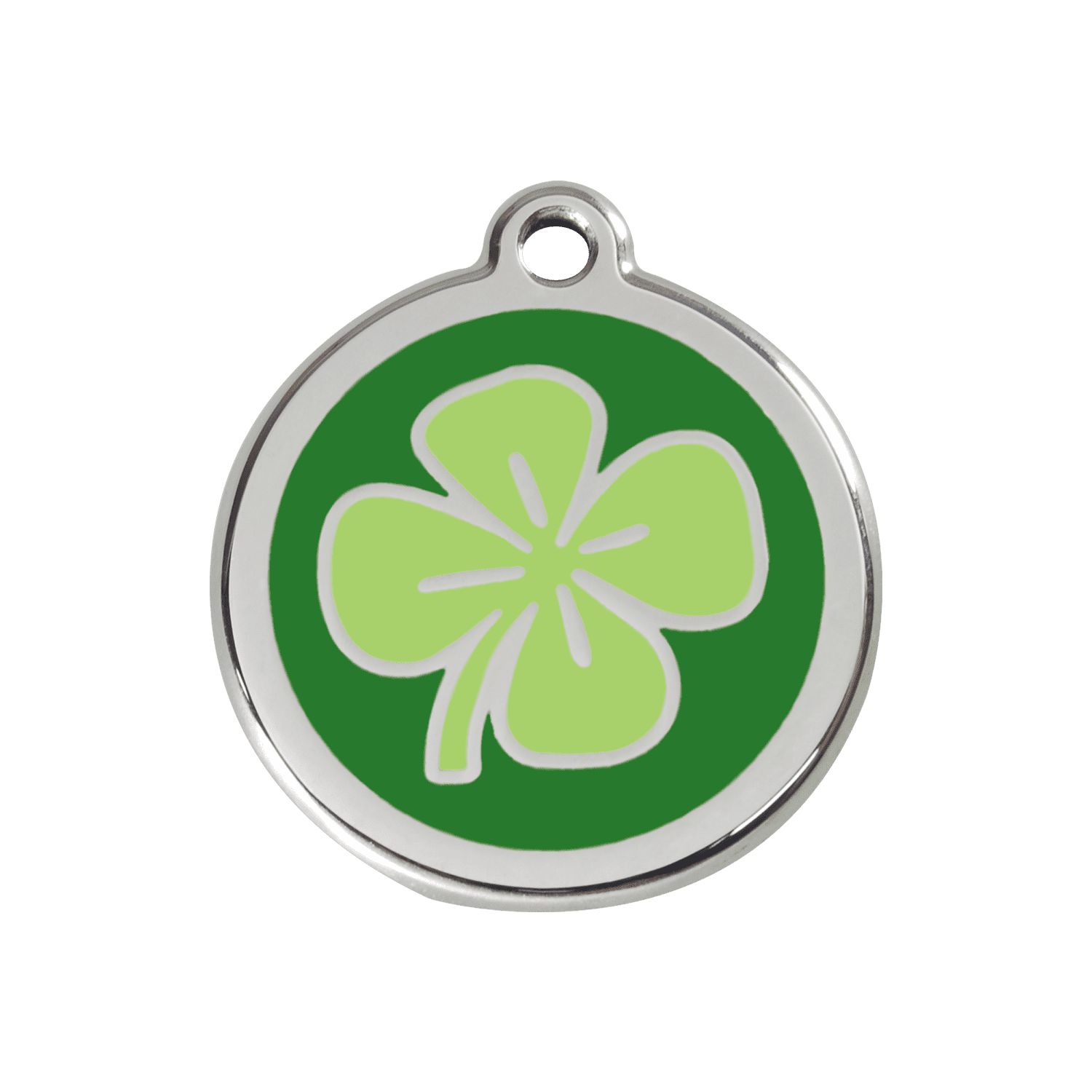 Vue avant - Médaille personnalisée pour chien/chat Red Dingo - Émail et acier inoxydable - Motif trèfle vert - Talla M