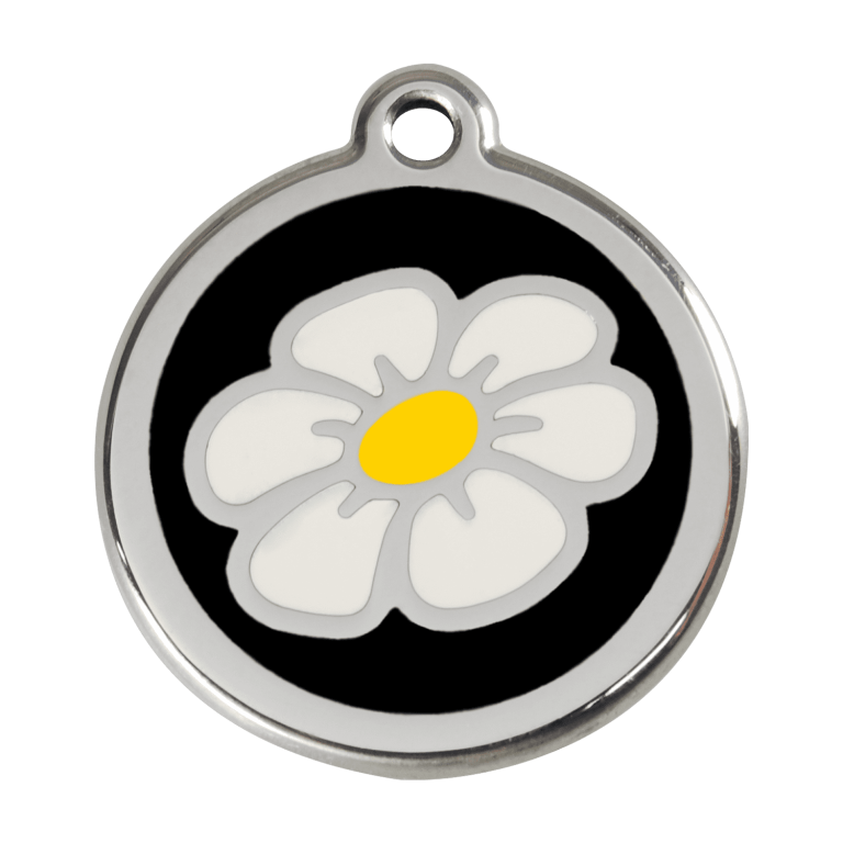 Vue avant - Médaille personnalisée pour chien - Red Dingo Émail et acier inoxydable - Motif Marguerite - Noir - Talla L