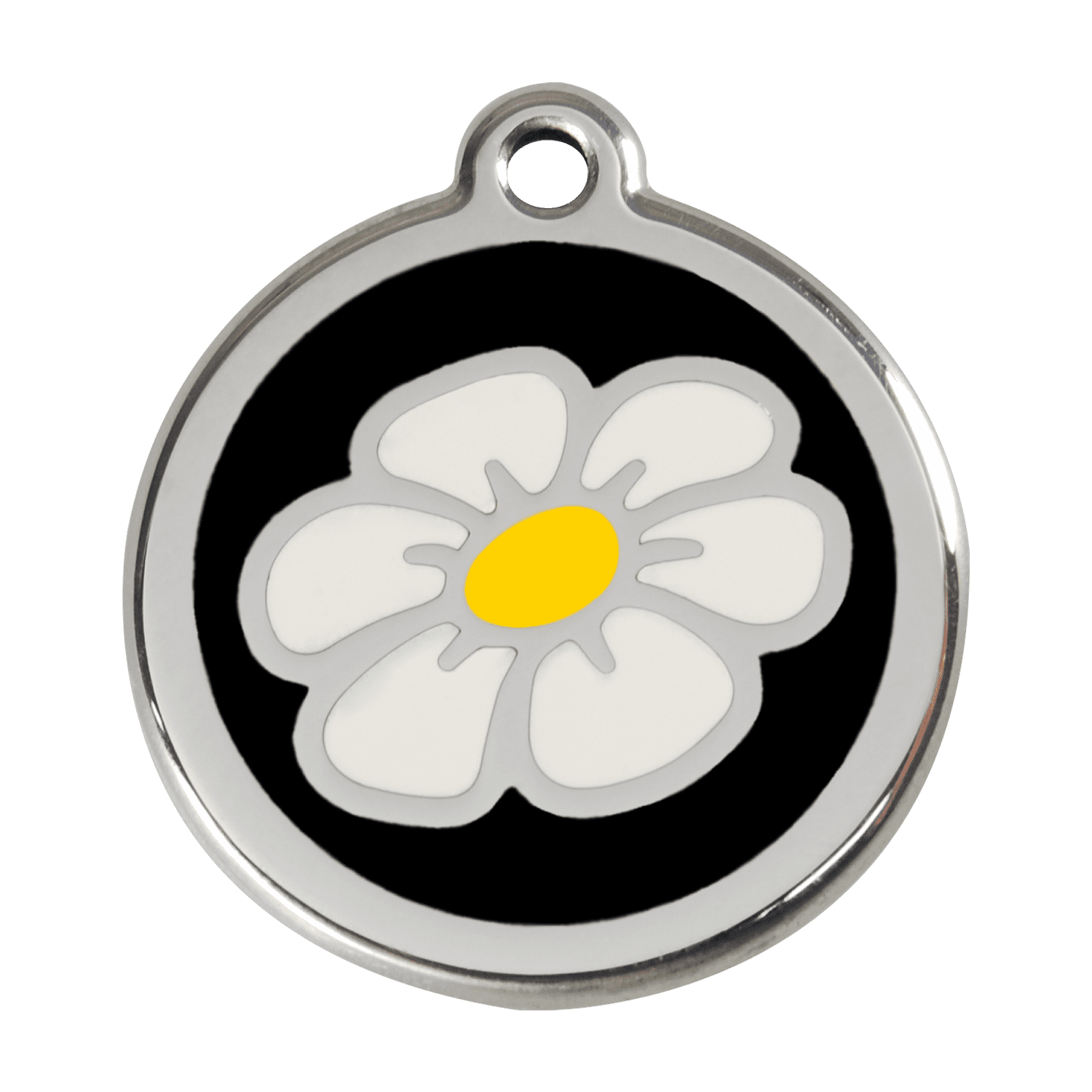 Vue avant - Médaille personnalisée pour chien - Red Dingo Émail et acier inoxydable - Motif Marguerite - Noir - Talla L