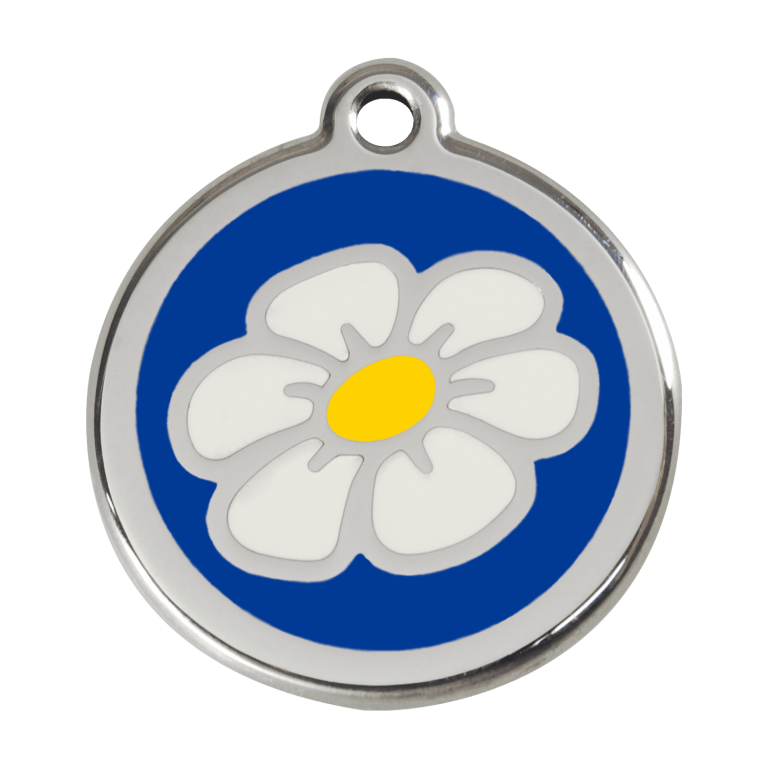 Vue avant - Médaille personnalisée pour chien - Red Dingo Émail et acier inoxydable Marguerite Bleu foncé - Talla L
