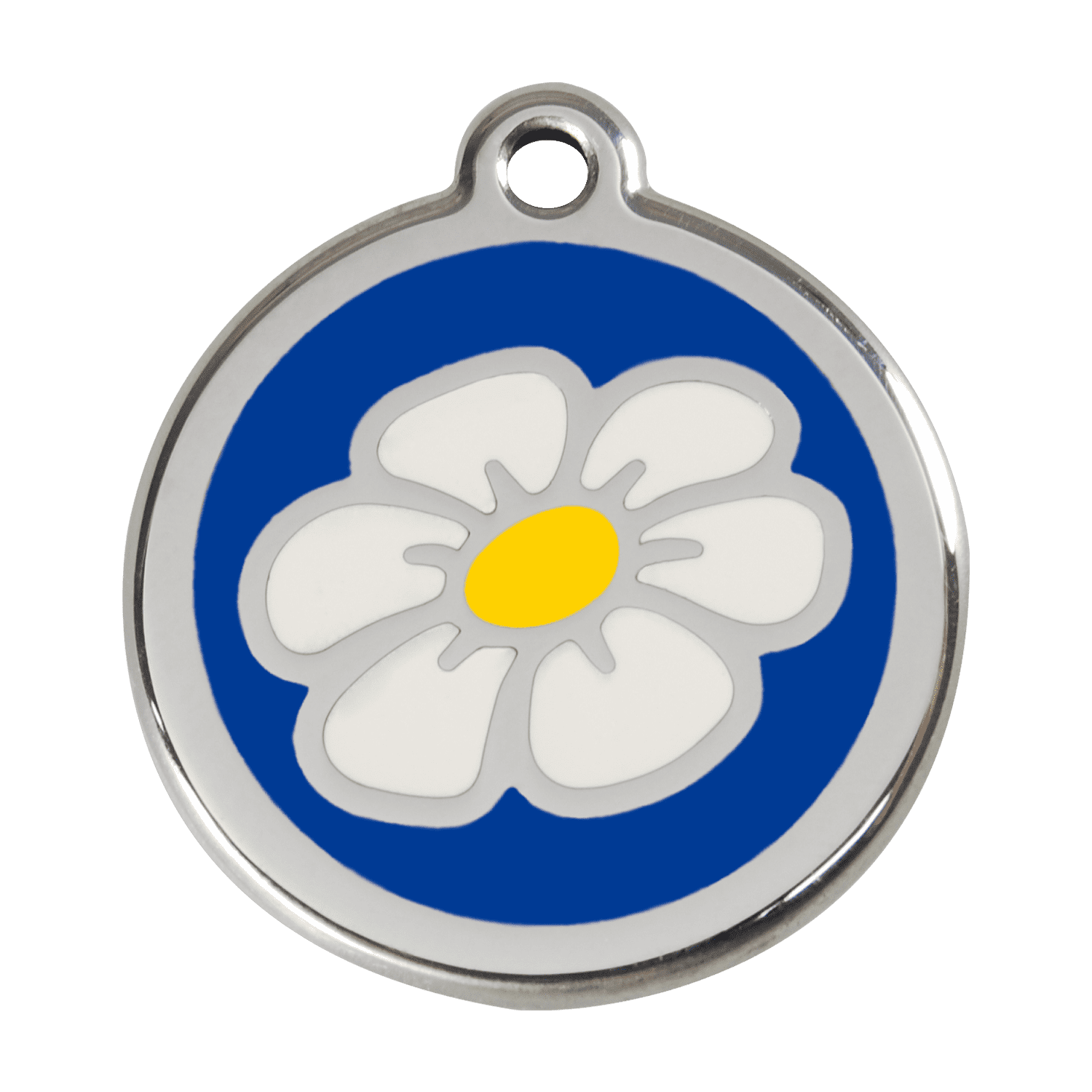 Vue avant - Médaille personnalisée pour chien - Red Dingo Émail et acier inoxydable Marguerite Bleu foncé - Talla L