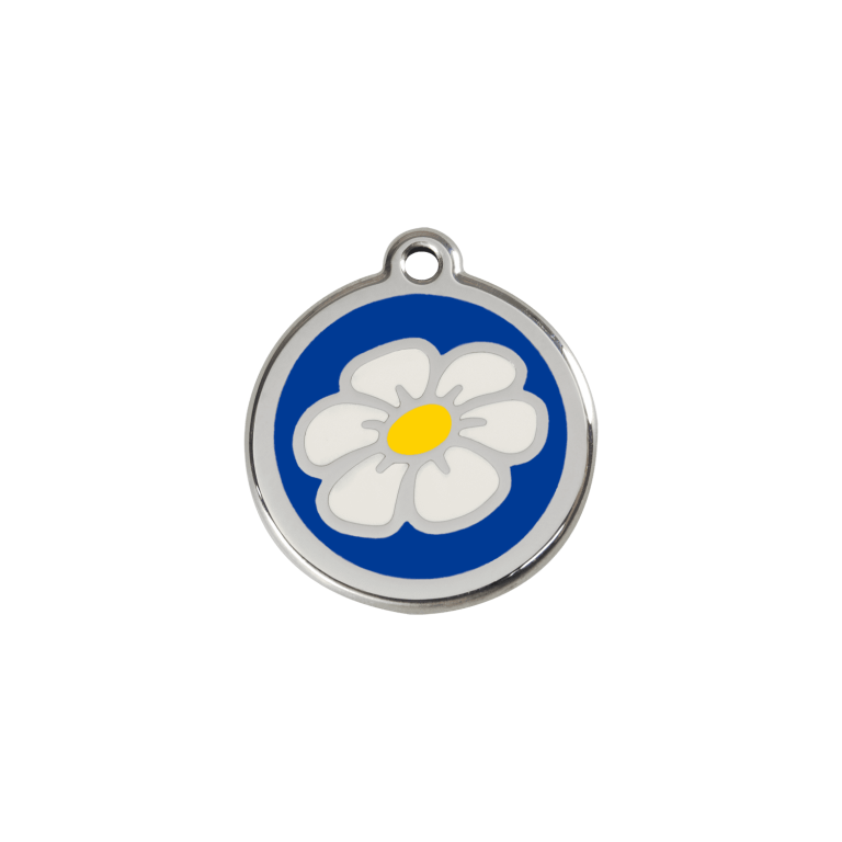 Vue avant - Médaille personnalisée pour chat ou petit chien - Red Dingo Émail et acier inoxydable Marguerite Bleu foncé