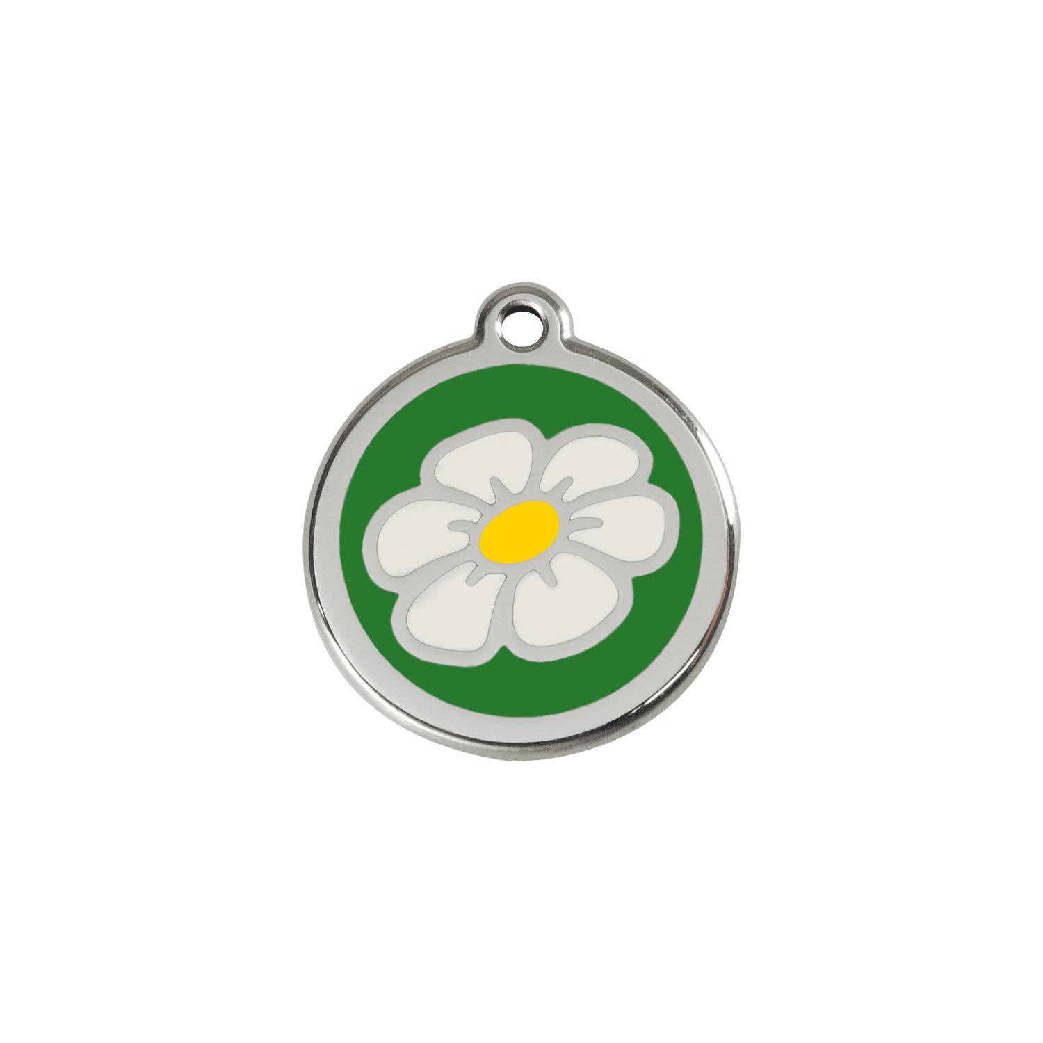 Vue avant - Médaille personnalisée pour chien/chat - Marguerite verte en émail et acier inoxydable - Red Dingo - Talla S