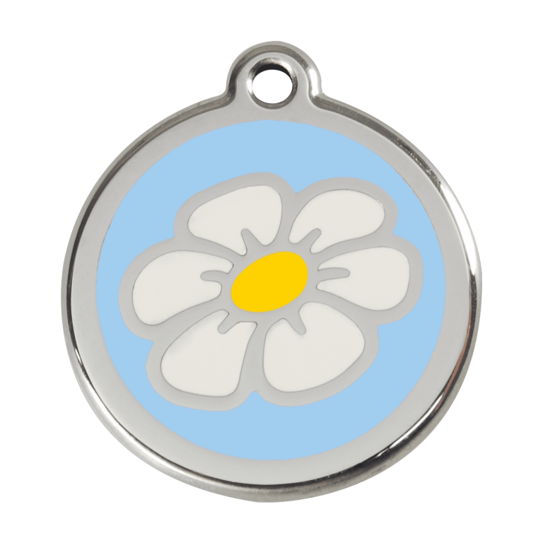 Vue avant - Médaille personnalisée pour chien Red Dingo Émail et acier inoxydable Marguerite Bleu clair - Talla L