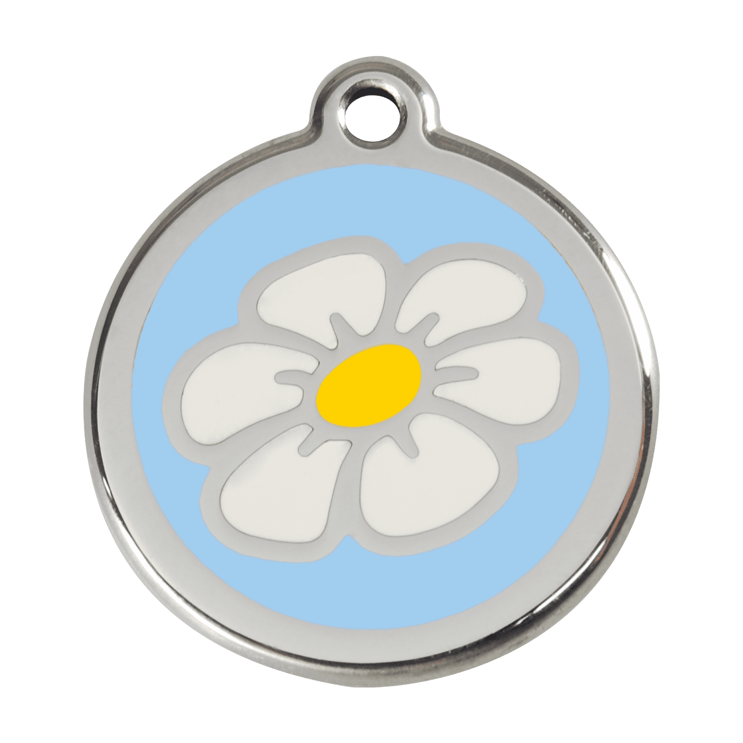 Vue avant - Médaille personnalisée pour chien Red Dingo Émail et acier inoxydable Marguerite Bleu clair - Talla L