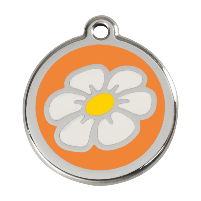 Vue avant - Médaille personnalisée pour chien - Red Dingo Émail et acier inoxydable Marguerite Orange L