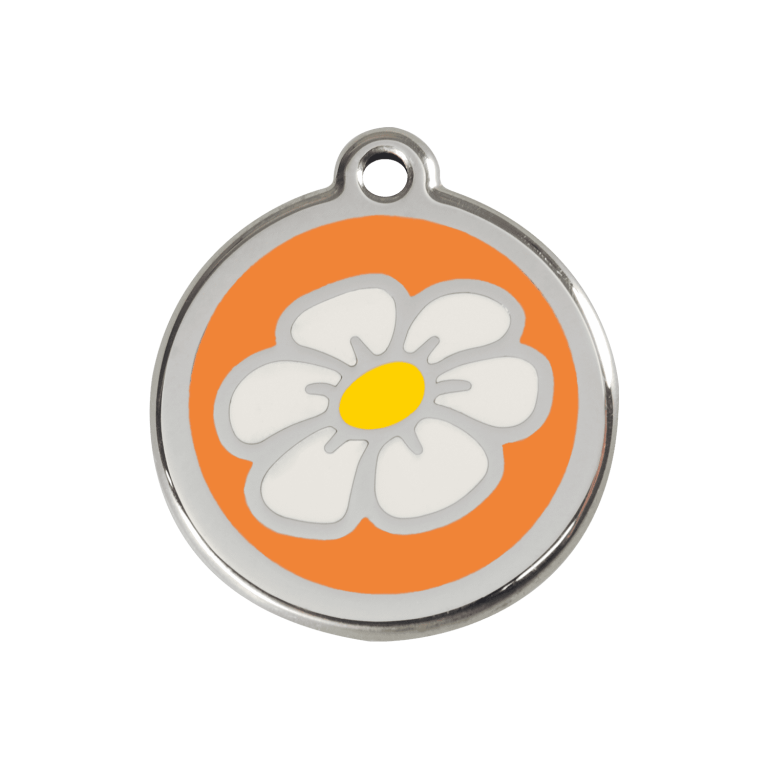 Vue avant - Médaille personnalisée pour chien/chat Red Dingo Émail Marguerite Orange 30mm