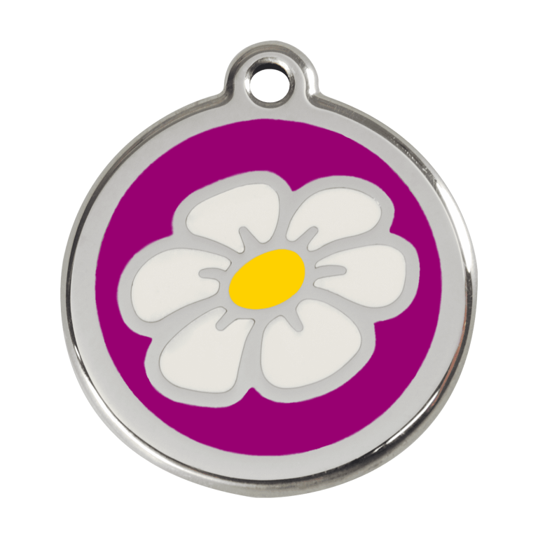 Vue avant - Médaille personnalisée pour chien Red Dingo Émail et acier inoxydable Marguerite Violet - Talla L