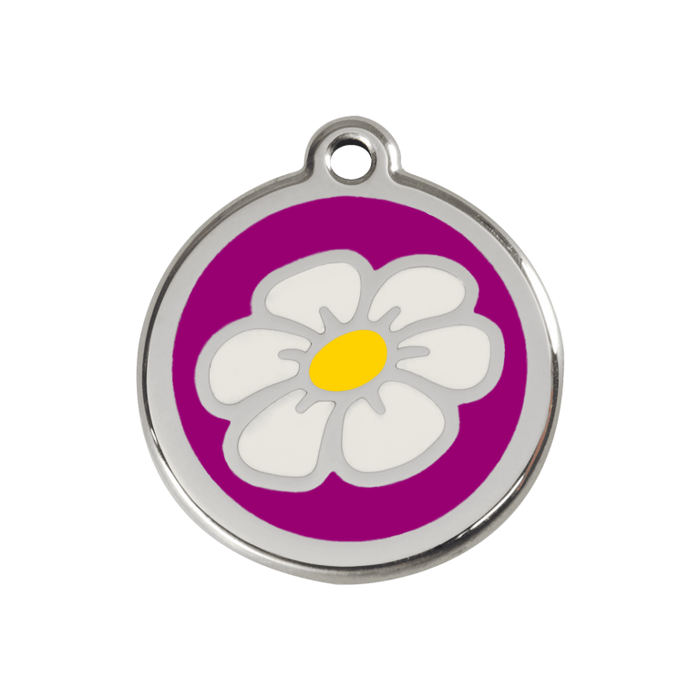 Vue avant - Médaille personnalisée pour chien ou chat - Red Dingo Émail et acier inoxydable Marguerite Violet - Talla M