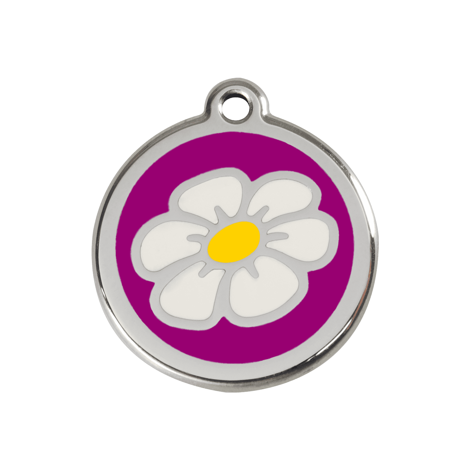 Vue avant - Médaille personnalisée pour chien ou chat - Red Dingo Émail et acier inoxydable Marguerite Violet - Talla M