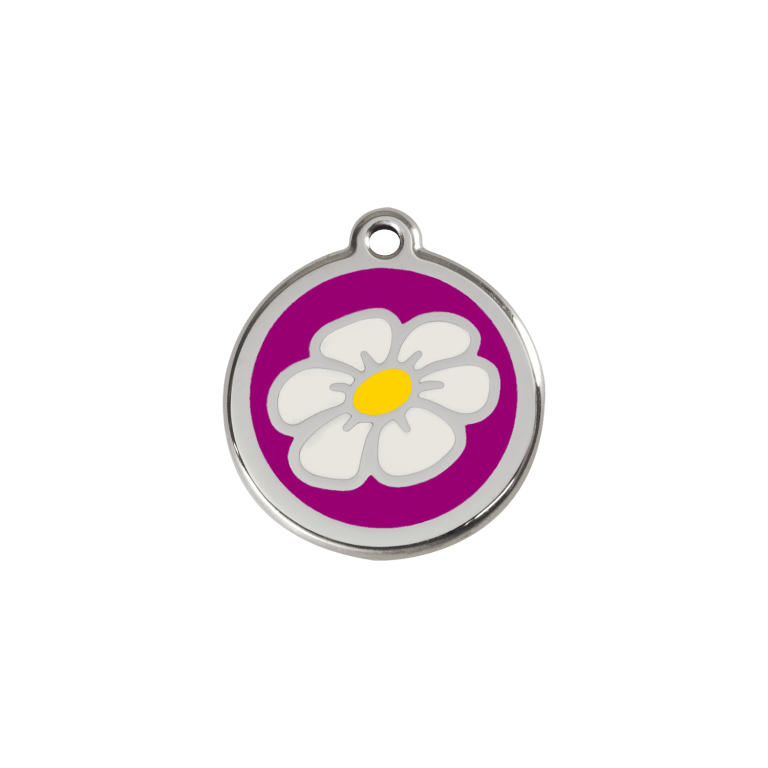 Vue avant - "Médaille personnalisée pour chat ou chien - Red Dingo Émail et acier inoxydable - Marguerite Violet - Talla S"