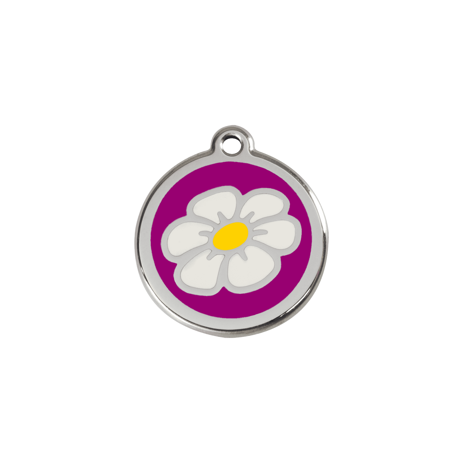 Vue avant - "Médaille personnalisée pour chat ou chien - Red Dingo Émail et acier inoxydable - Marguerite Violet - Talla S"