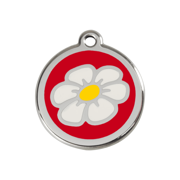 Vue avant - Médaille personnalisée pour chien ou chat - Red Dingo Émail et acier inoxydable Marguerite Rouge - Talla M