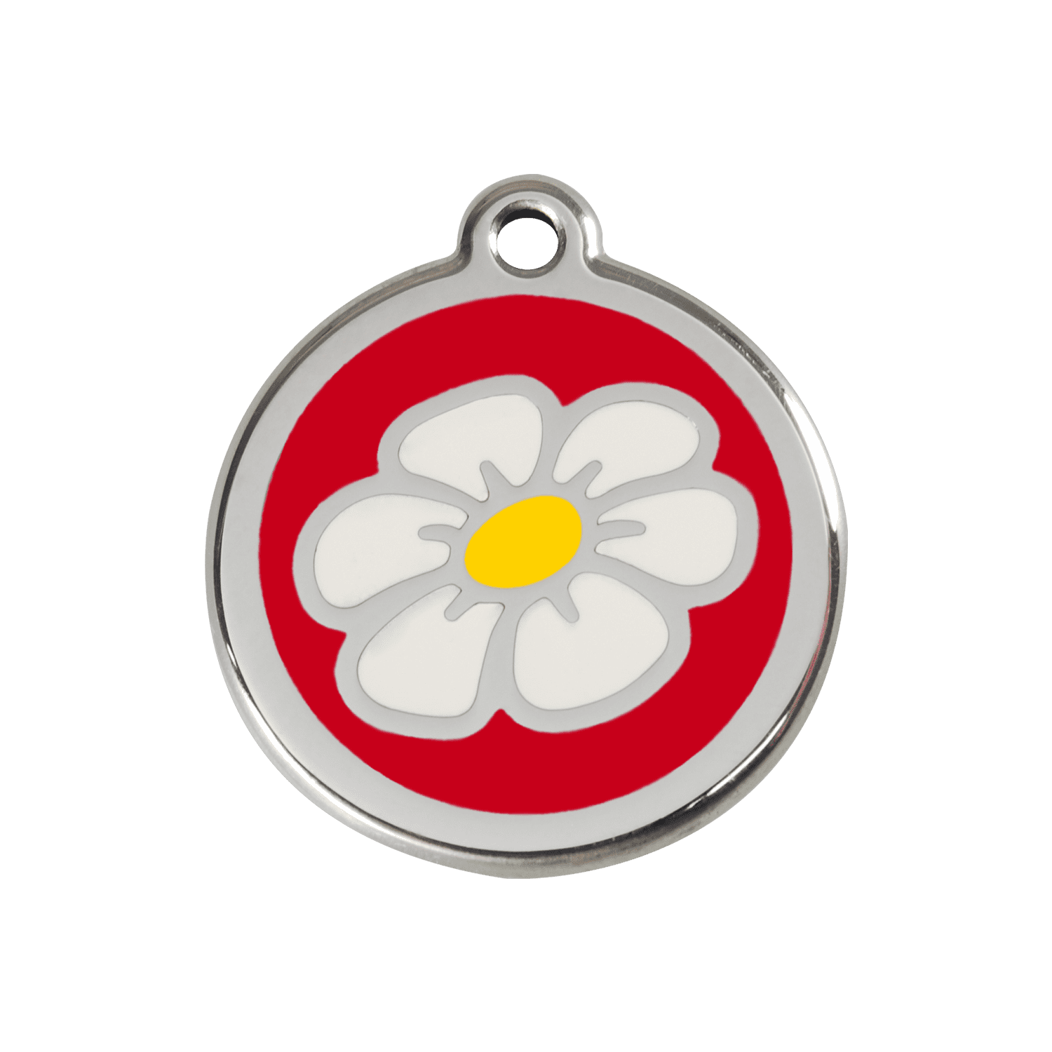 Vue avant - Médaille personnalisée pour chien ou chat - Red Dingo Émail et acier inoxydable Marguerite Rouge - Talla M