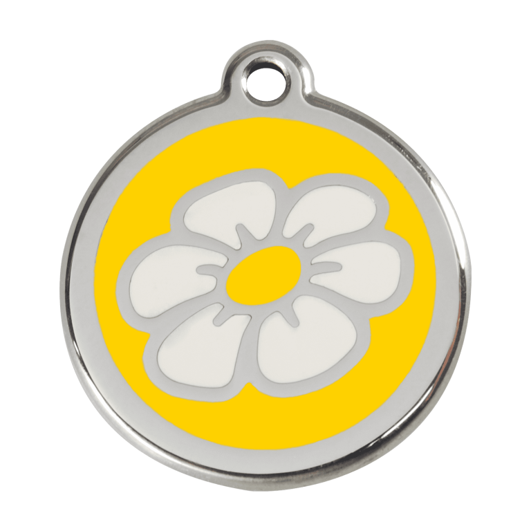 Vue avant - Médaille personnalisable Marguerite jaune en émail et acier inoxydable Red Dingo - Talla L