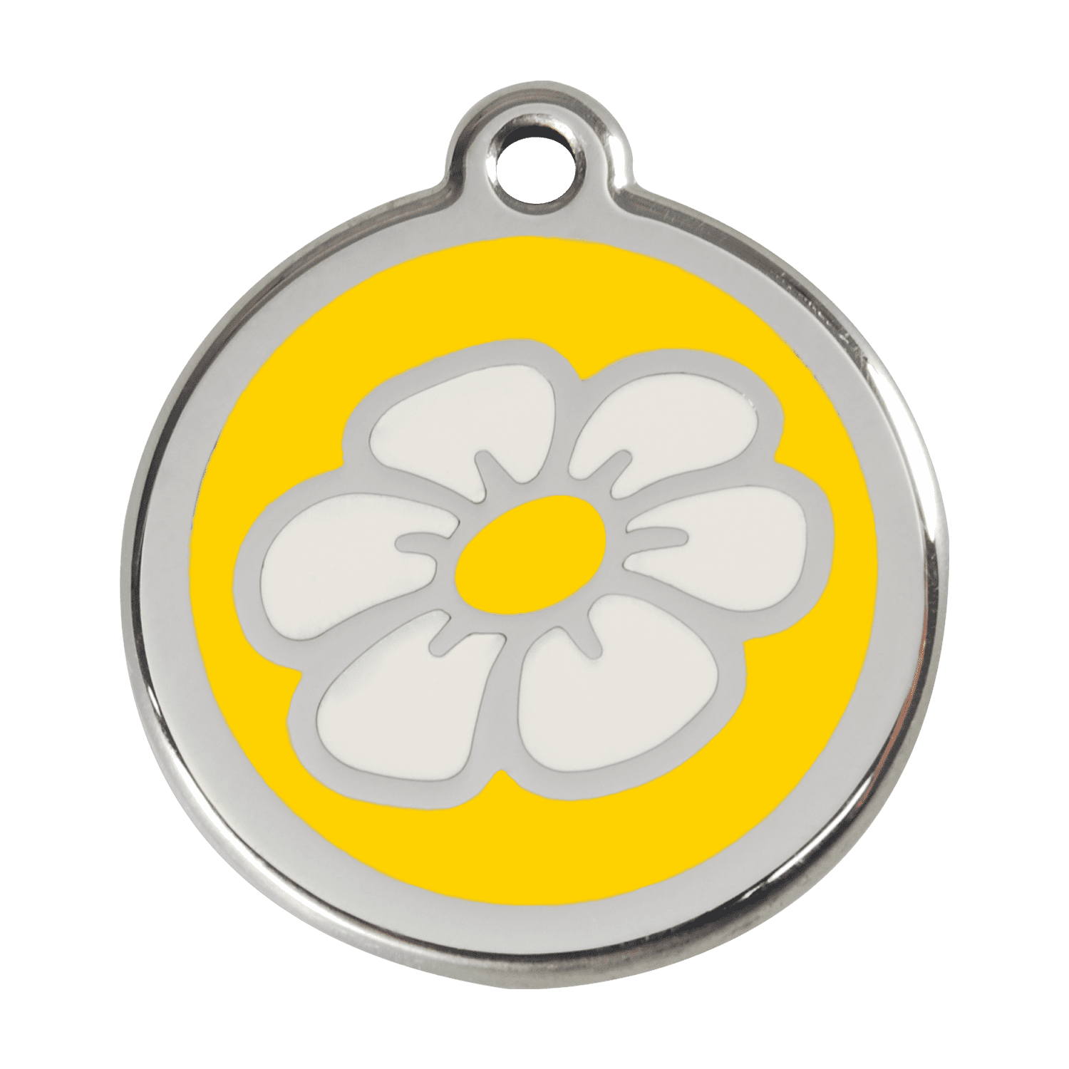 Vue avant - Médaille personnalisable Marguerite jaune en émail et acier inoxydable Red Dingo - Talla L