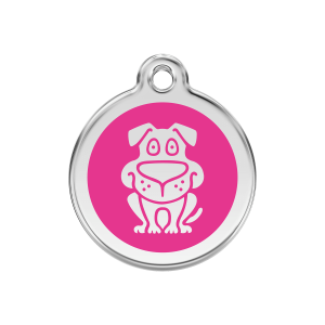 Placa para perro con motivo de perro en esmalte rosa fuerte y acero inoxidable - Talla M