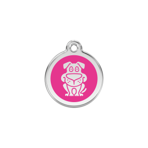 Placa para gato o perro pequeño con motivo perro en esmalte rosa fuerte y acero inoxidable, talla S
