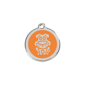 Placa para gato pequeña con diseño de perro en esmalte naranja y acero inoxidable