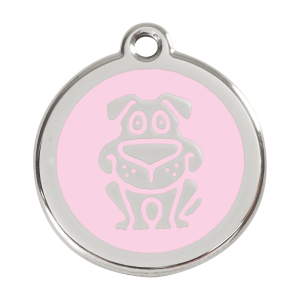 Placa para perro grande con diseño de perro en esmalte rosa y acero inoxidable