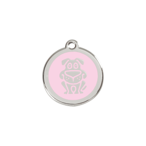 Placa para gato pequeña con diseño de perro en esmalte rosa y acero inoxidable