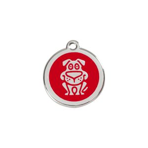 Placa para gato o perro pequeño con diseño de perro rojo en esmalte y acero inoxidable, talla S