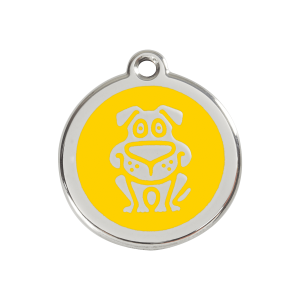 Placa para perro con motivo de perro en esmalte amarillo y acero inoxidable - Talla M