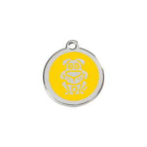 Placa para gato o perro pequeño con diseño de perro en esmalte amarillo, talla S