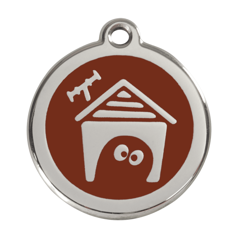 Vue avant - Médaille personnalisée pour chien Red Dingo en émail et acier inoxydable - Motif Niche - Brun - Talla L