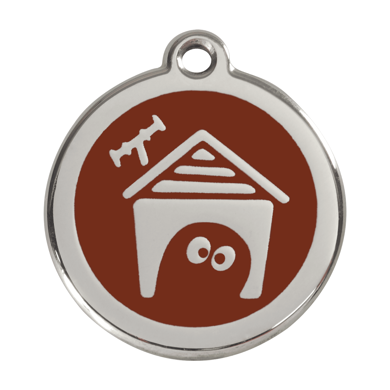 Vue avant - Médaille personnalisée pour chien Red Dingo en émail et acier inoxydable - Motif Niche - Brun - Talla L
