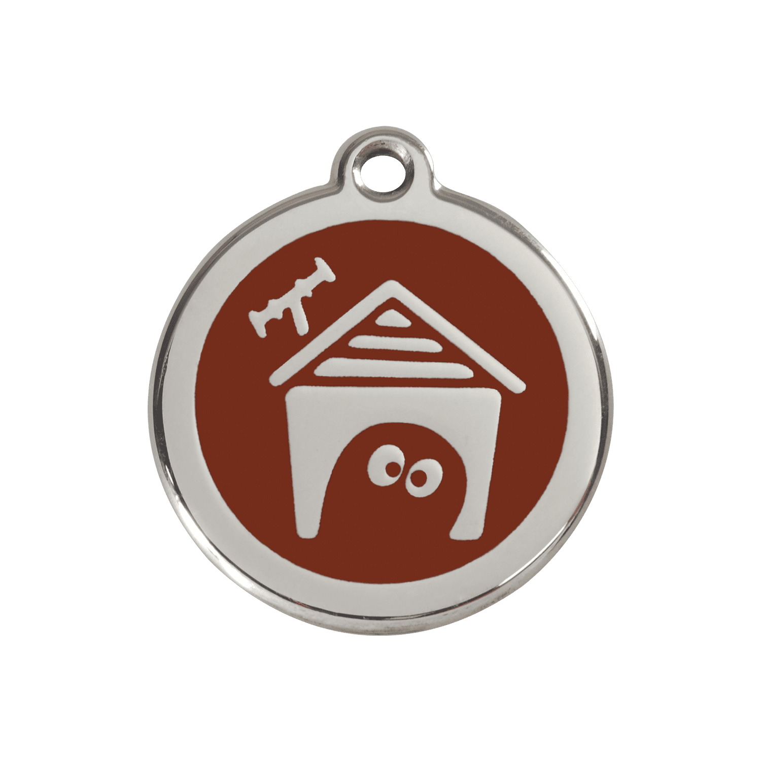 Vue avant - Médaille personnalisée pour chien Red Dingo en émail et acier inoxydable - Motif Niche - Brun - Talla M