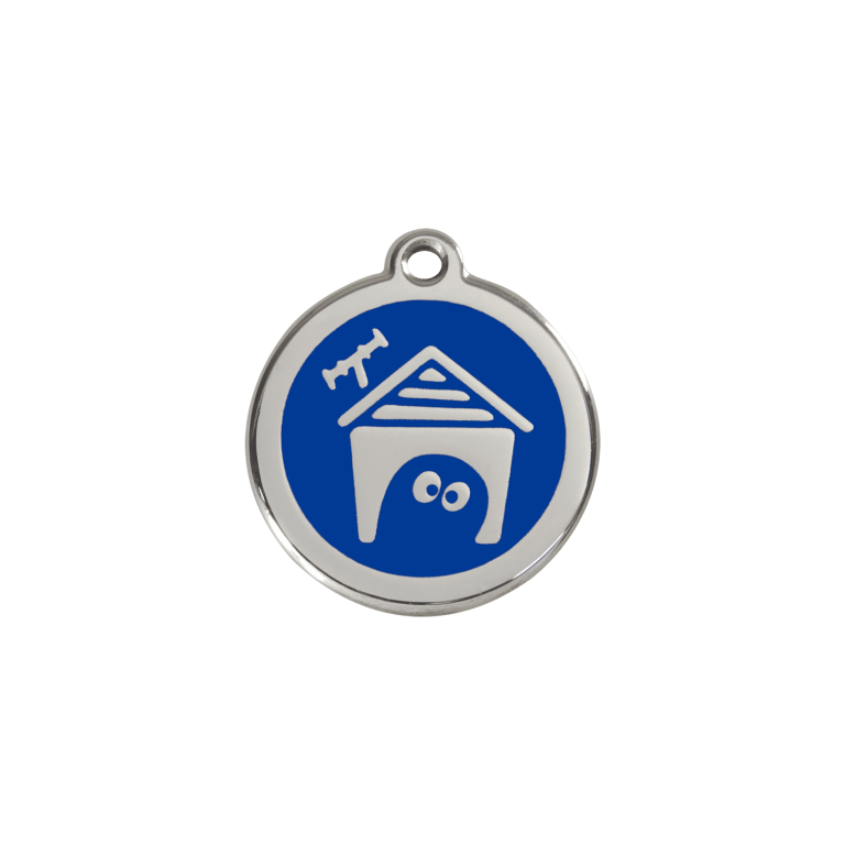 Vue avant - Médaille personnalisée pour chien/chat Red Dingo en émail et acier inoxydable - Motif Niche - Bleu foncé - Talla S