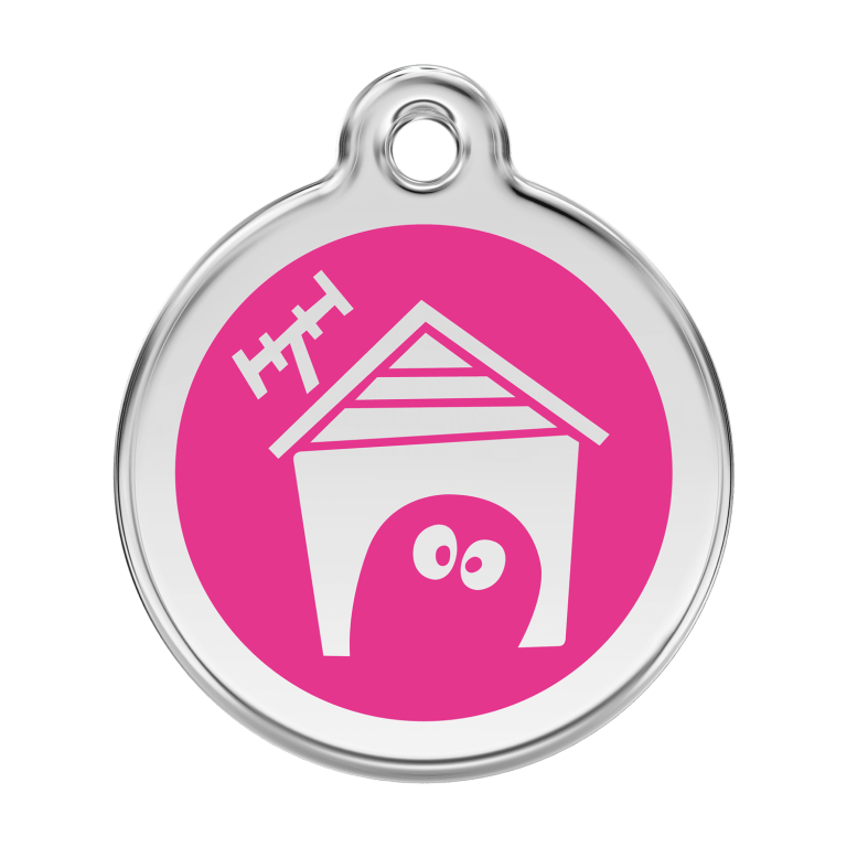 Vue avant - Médaille personnalisable pour chien en émail et acier inoxydable - Red Dingo - Motif Niche - Rose vif - Talla L