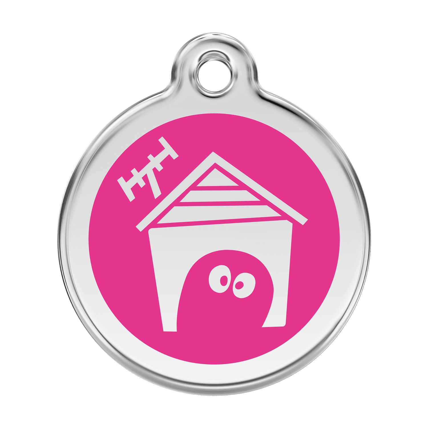 Vue avant - Médaille personnalisable pour chien en émail et acier inoxydable - Red Dingo - Motif Niche - Rose vif - Talla L