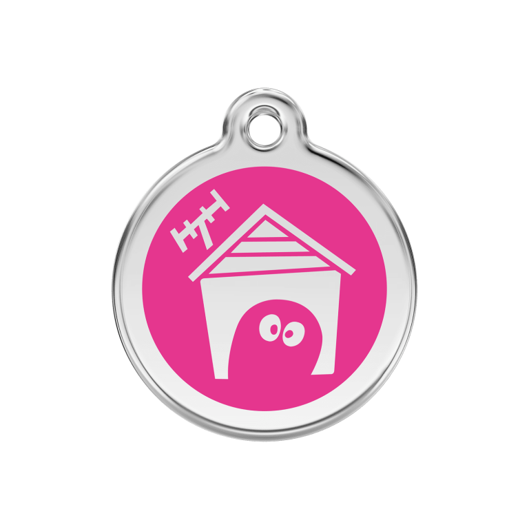 Vue avant - Médaille personnalisée pour chien en émail et acier inoxydable - Red Dingo - Motif Niche - Rose vif - Talla M
