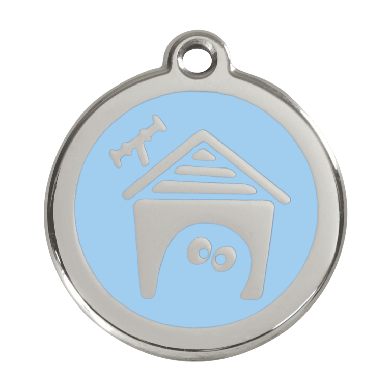 Vue avant - Médaille personnalisée pour chien Red Dingo Émail et acier inoxydable - Motif Niche - Bleu clair - Talla L
