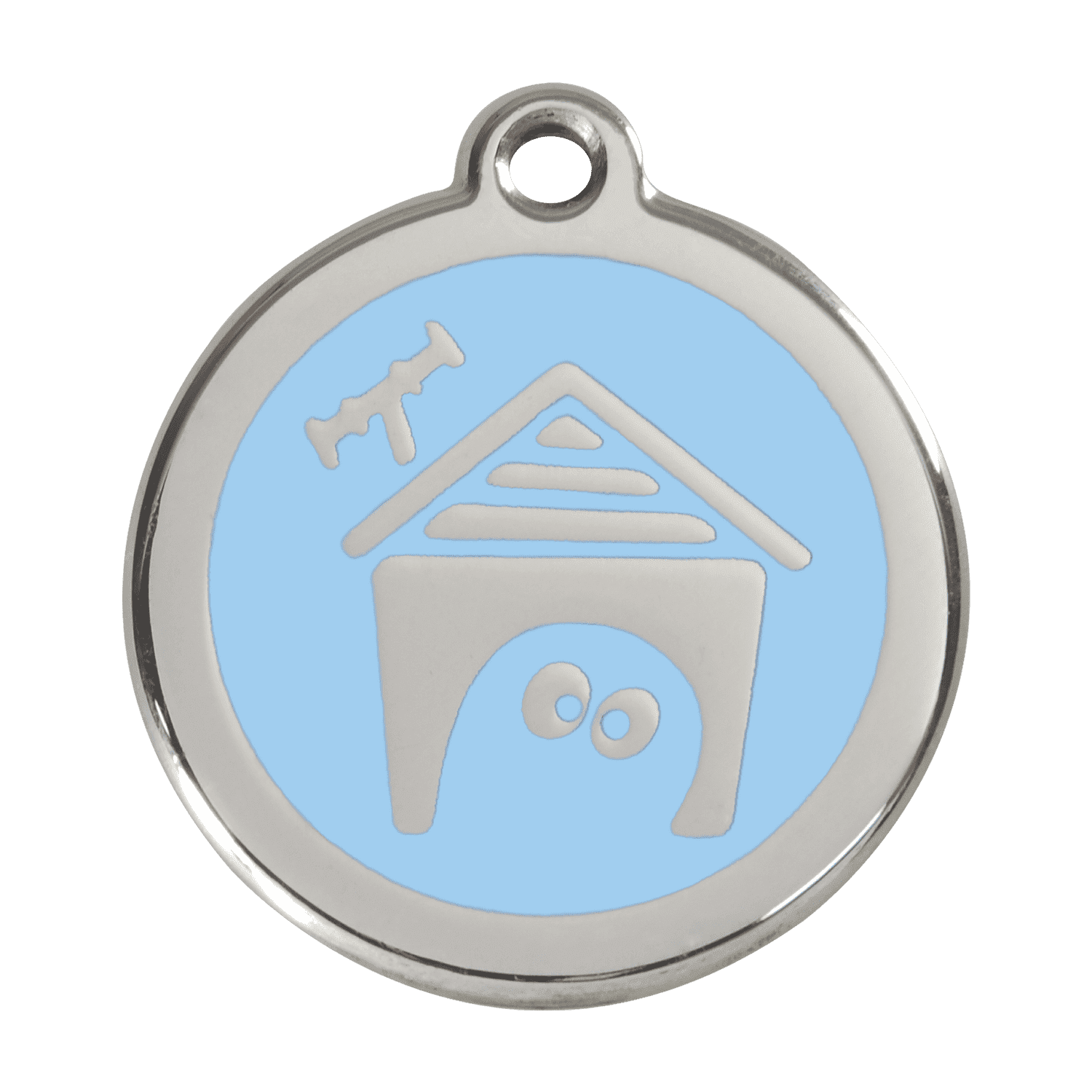 Vue avant - Médaille personnalisée pour chien Red Dingo Émail et acier inoxydable - Motif Niche - Bleu clair - Talla L