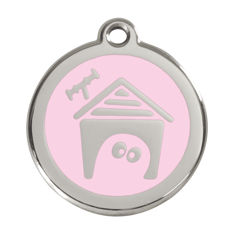 Vue avant - Médaille personnalisée pour chien Red Dingo en émail et acier inoxydable - Motif Niche - Rose - Talla L