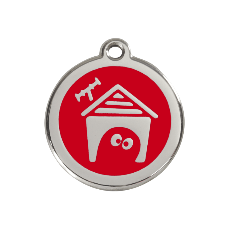 Vue avant - Médaille personnalisée pour chien Red Dingo en émail et acier inoxydable - Motif niche - Rouge - Talla M