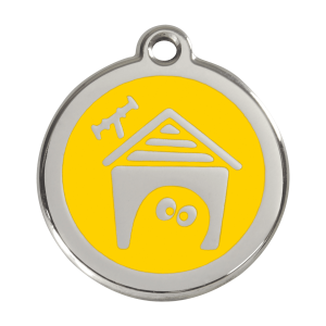 Placa para perro grande con caseta en esmalte amarillo y acero inoxidable