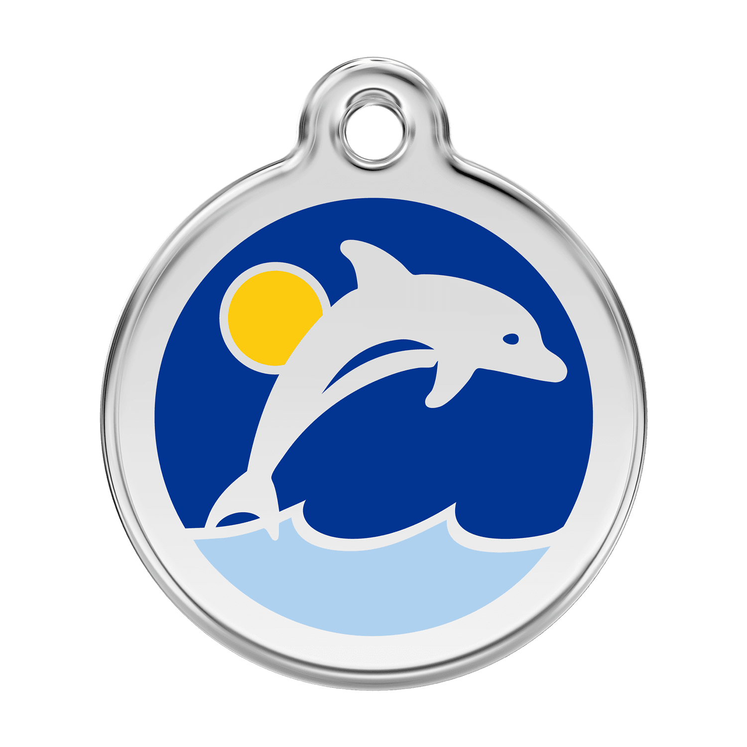 Vue avant - Médaille personnalisée pour chien - Red Dingo Émail et acier inoxydable - Dauphin Bleu foncé - Talla L
