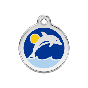 Placa para perro mediana con delfín en esmalte azul oscuro y acero inoxidable