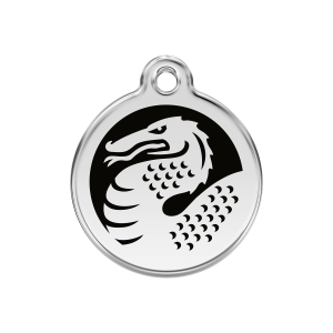 Placa para perro mediana con diseño de dragón en esmalte negro y acero inoxidable