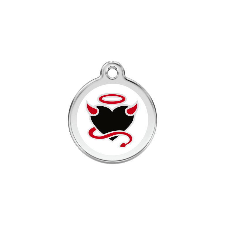 Vue avant - Médaille personnalisée pour chien/chat Red Dingo Émail et acier inoxydable - Motif Diable - Blanc - Talla S