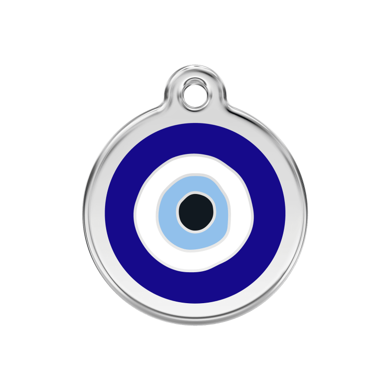 Vue avant - Médaille personnalisée pour chien/chat Red Dingo Émail/Acier inoxydable - Motif Mauvais ?il - Bleu foncé - Talla M